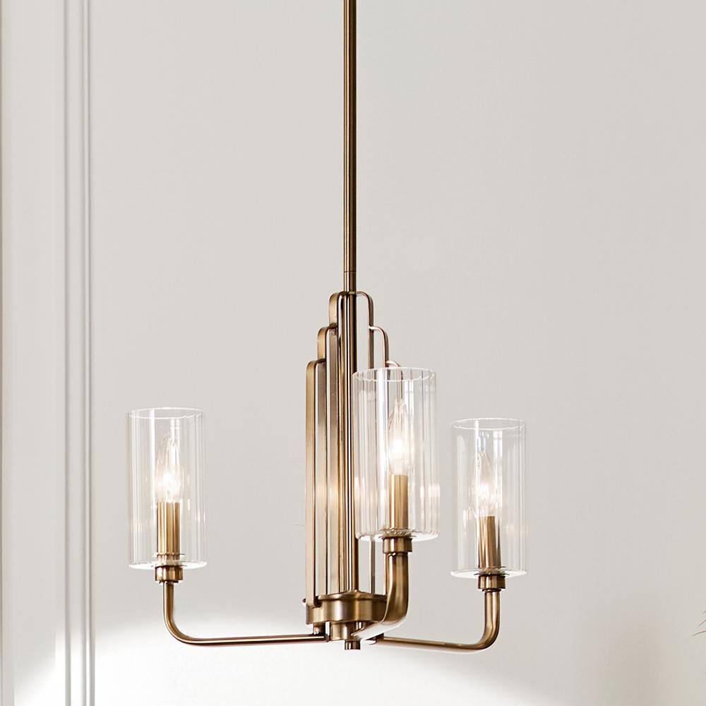 Art Deco Brushed Brass 3-Light Chandelier with Clear Fluted Shades