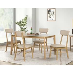 6-Piece Light Oak Wood Outdoor Dining Set with Cream White Cushions, High Gloss White Top, Dining Table, Bench, 4 Chairs