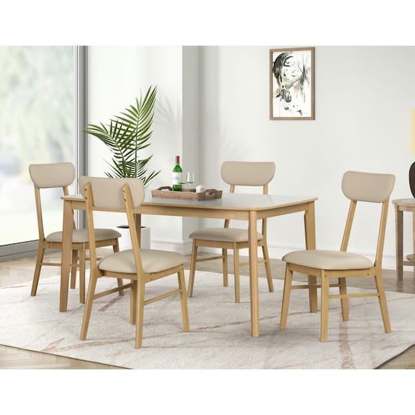 Unbranded 6-Piece Light Oak Wood Outdoor Dining Set with Cream White Cushions, High Gloss White Top, Dining Table, Bench, 4 Chairs