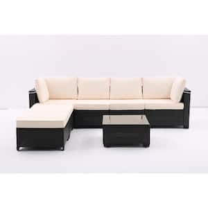 Dark Coffee 7-Piece Metal Outdoor Patio Conversation Set with Beige Cushions, Ottomans and Glass Top Table