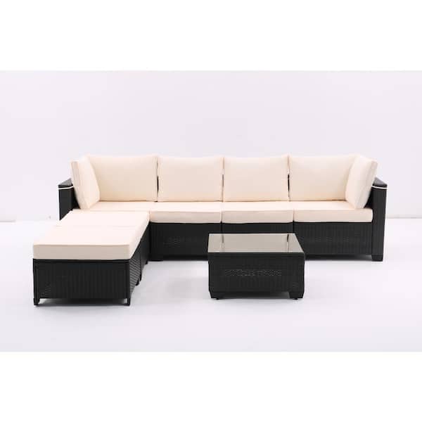 Sudzendf Dark Coffee 7-Piece Metal Outdoor Patio Conversation Set with Beige Cushions, Ottomans and Glass Top Table