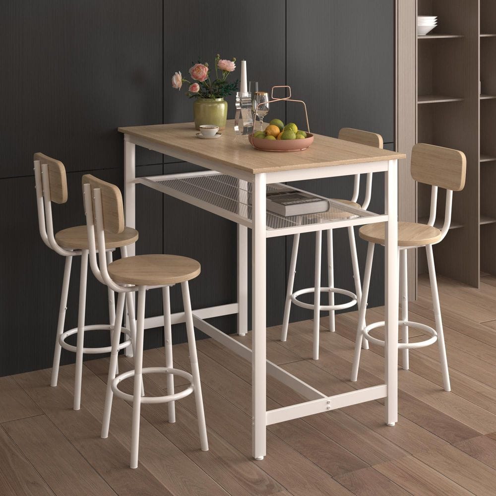 5-Piece Wood Rectangle Indoor Outdoor Bistro Set Dining Set with Backrest and Partitions