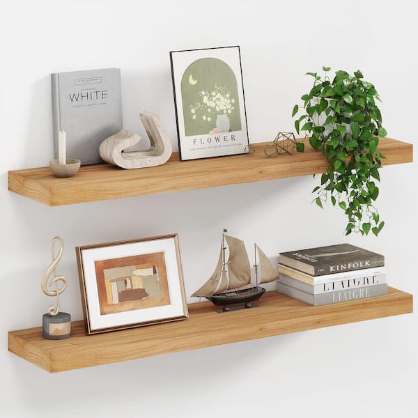 36 in. W x 8 in. D Natural Rustic Elm Wood Floating Shelves Decorative Wall Shelf Set of 2