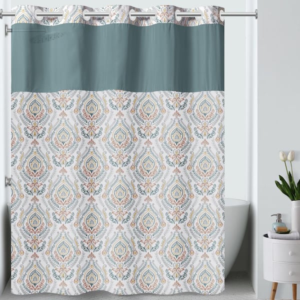 HOOKLESS French Damask 71 in. W x 74 in. L Polyester Shower Curtain in Teal