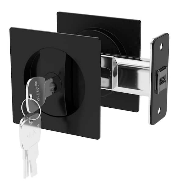 Square Zinc Alloy Black Bed/Bath Pocket Door Lock w/ Key Privacy Pocket Door Hardware Sliding Pocket Door Latch (2-Pack)