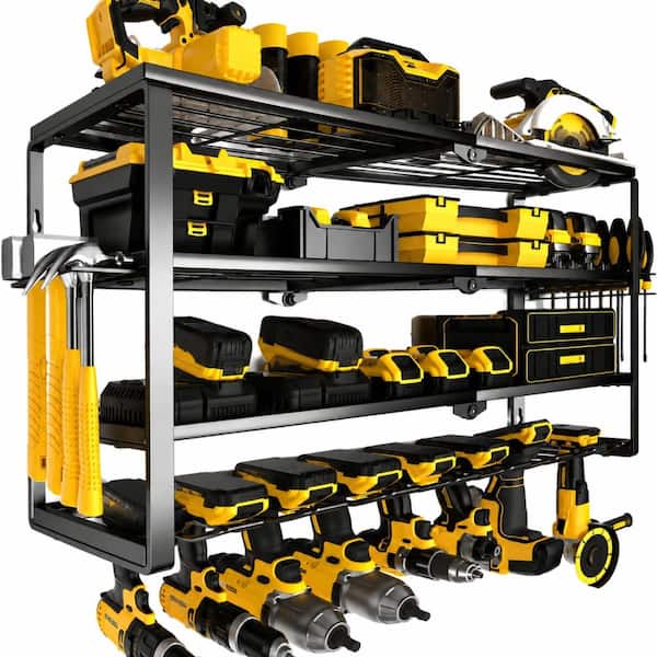 32 in 8-Slot 4-Layer Power Tool Wall Organizer Rack with Charging Station Shelf, Heavy Gauge Steel 12 lb Frame