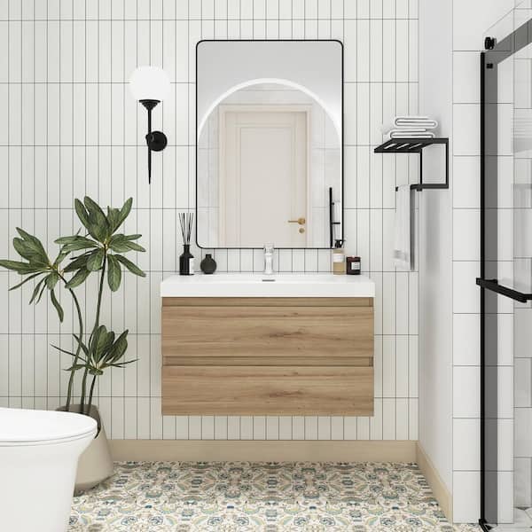 Boosicavelly 36 in. W X 19.5 in. D x 22.5 in. H Single Sink Wall-Mounted Bath Vanity in F. Oak with White Resin Top
