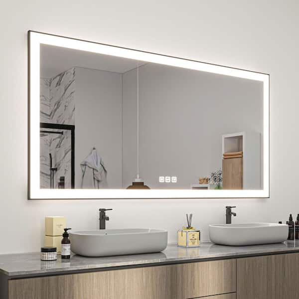 77 in. W x 36 in. H Rectangular Framed LED Anti-Fog Wall Mirror in Black with Backlit and Front Light