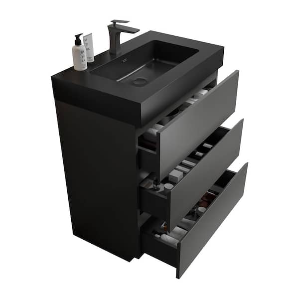 Dimakai 30 in. Single Sink Freestanding Gray Bath Vanity with Black Solid Surface Top Unassembled without Drain and Faucet