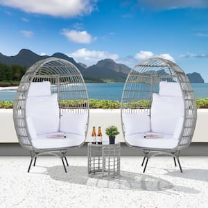 3-Piece Patio Wicker Swivel Lounge Outdoor Bistro Set with Side Table, White Cushions