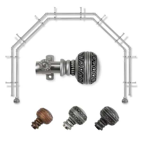 EMOH 13/16" Dia Adjustable 5-Sided Double Bay Window Curtain Rod 28 to 48" (each side) with Hudson Finials in Satin Nickel