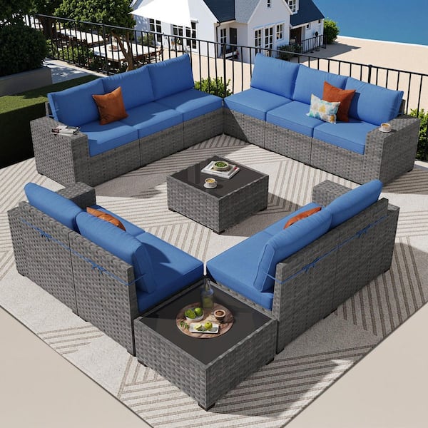 Bbisty Gray 12-Piece Wicker Wide Arm Patio Conversation Set with Navy Blue Cushions