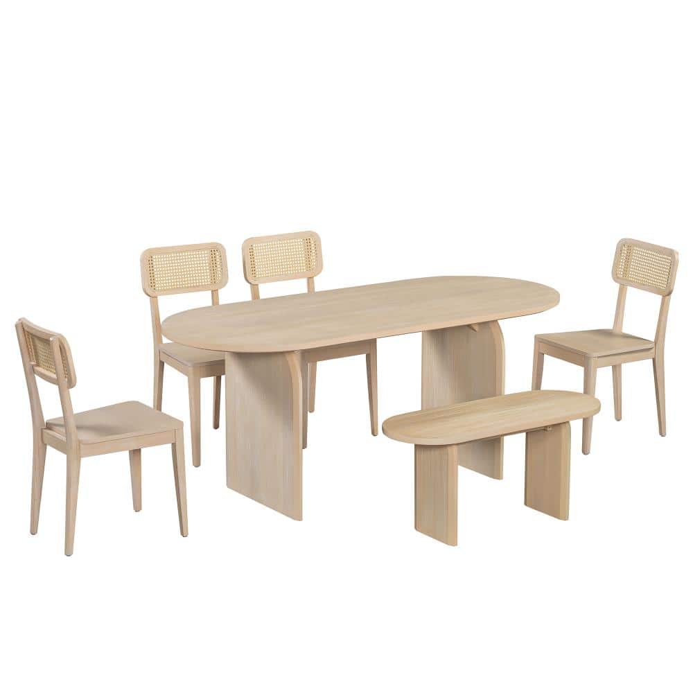 Natural 6 Piece Rubber Wood Dining Table Set with Bench and 4 Chairs, Oval Kitchen Table Chairs Set for 6 price history on PriceWatchPro