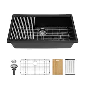 32 in. Undermount Single Bowl Black Quartz Kitchen Sink with Bottom Grids