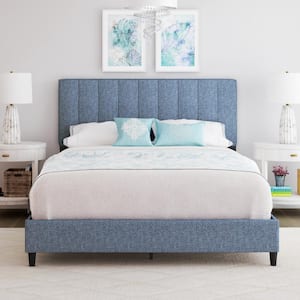 Leah Linen Panel Upholstered Platform Bed Frame, Blue, Full