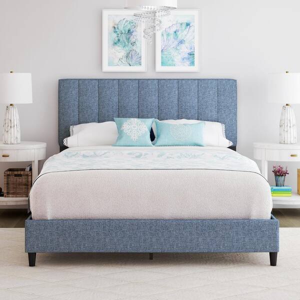 Restrite Lily Blue Linen Full Upholstered Platform Bed Frame Lhbu970db Full Upholstered Platform Bed Frame, Blackstone Classic Grey Upholstered Square Stitched King Platform Bed