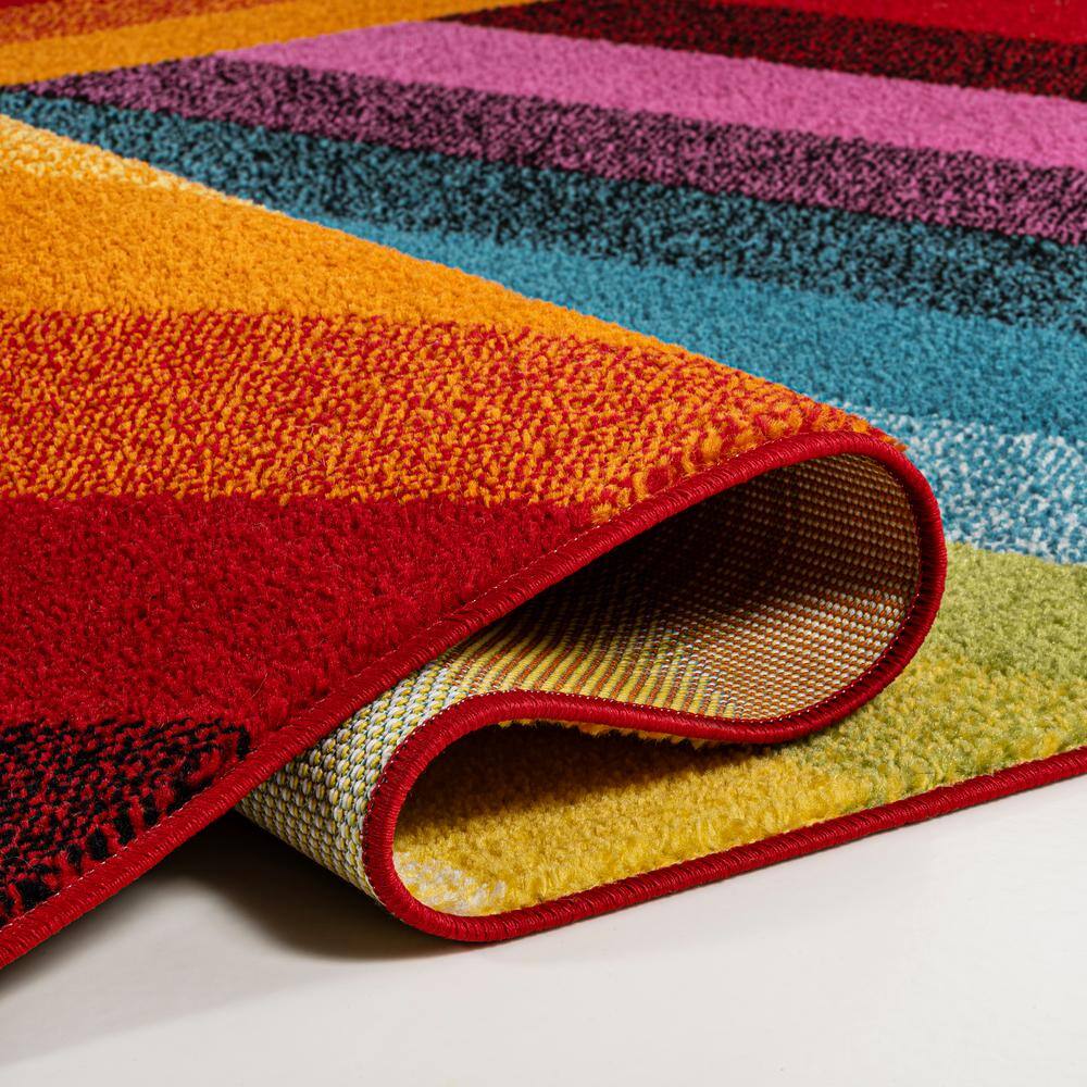 Retro Rainbow Multi-Color Synthetic Stripe Kids Area Rug 3' x 5'