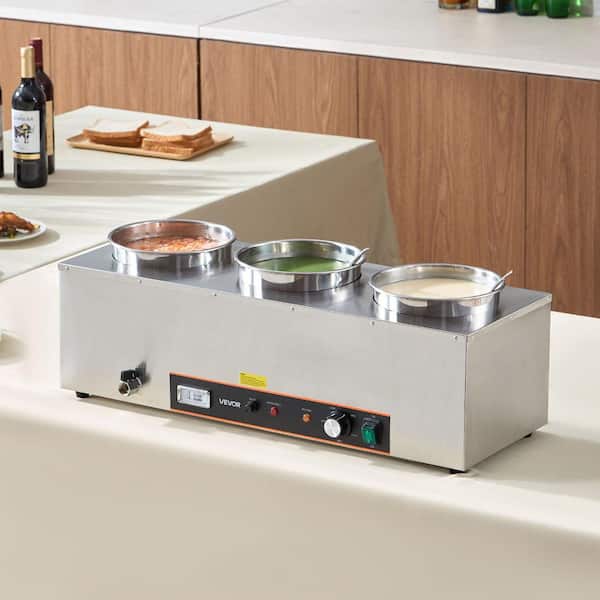 Electric Soup Warmer, 6.34 qt. Silver Stainless Steel Chafing Dish Heat, Three Pot with 86~185°F Adjustable Temp, 1500W
