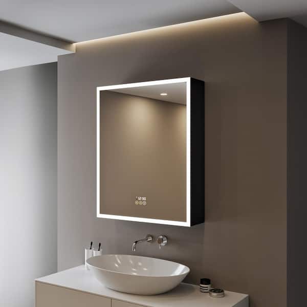 HBEZON Flora 24 in. W x 30 in. H Rectangular Aluminum LED Dimmable Medicine Cabinet with Mirror, Interior Lighting, Left Hinge