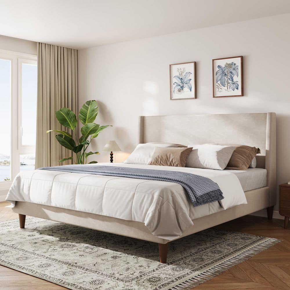 Harper & Bright Designs Beige Modern Wood Frame Velvet Upholstered Queen  Platform Bed with Wingback Headboard and Walnut Wooden Legs YJH093AAB-Q -  The Home Depot