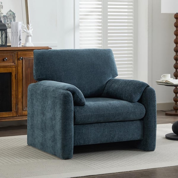 Modern Navy Chenille Oversized Wood Accent Outdoor and Indoor Lounge Chair with Armrest Cushion for Living Room