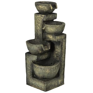 Outdoor Fountain with 4-Tier Stacked Stone Look Bowls, Cascading Waterfall, Adjustable Flow & LED Lights, Gray