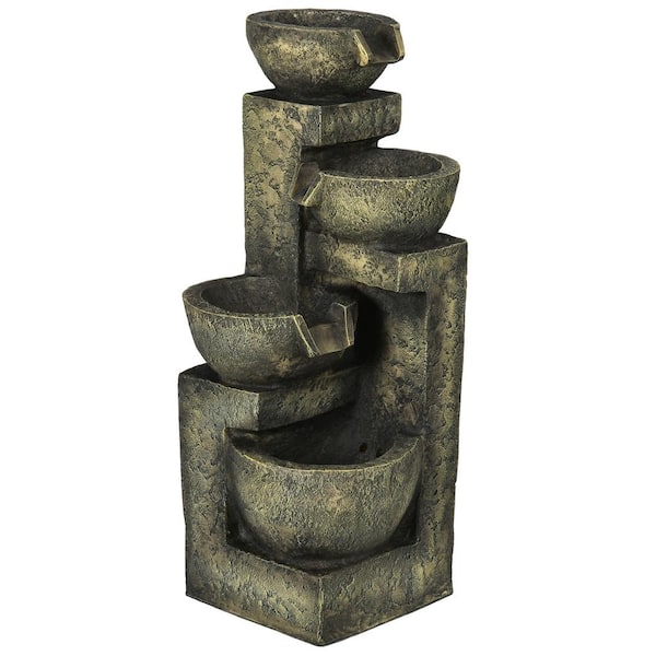 OutSunny Outdoor Fountain with 4-Tier Stacked Stone Look Bowls, Cascading Waterfall, Adjustable Flow & LED Lights, Gray