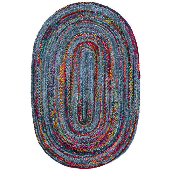 Braided 5 x 8 Blue/Red Basket Weave Oval Rug