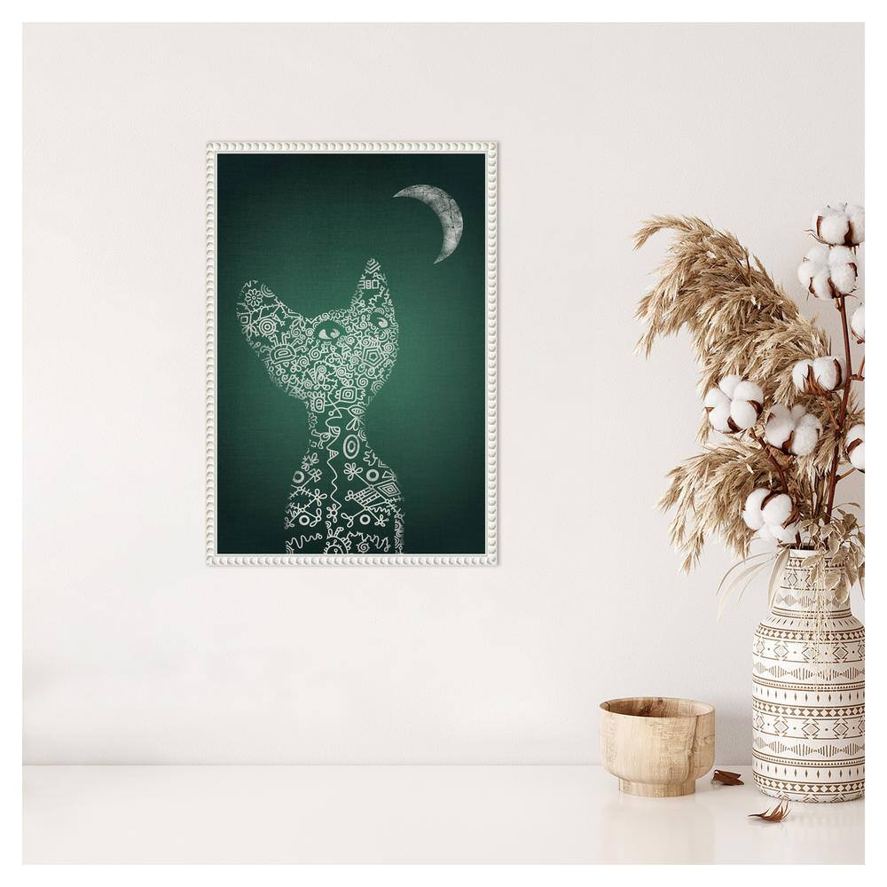 Abstract Cat and Moon Green Canvas Framed Wall Art