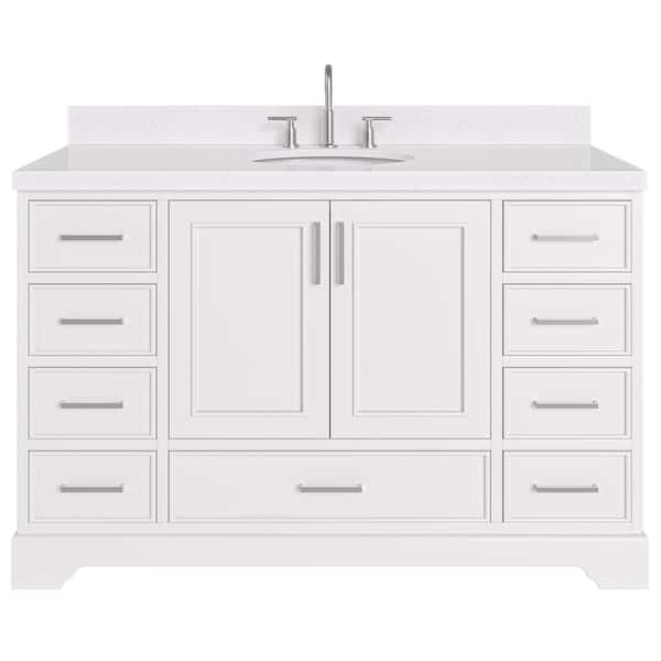 Stafford 54 in. W x 22 in. D x 36 in. H Single Sink Freestanding Bath Vanity in White with Carrara White Quartz Top