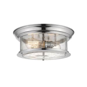 14 in. 2-Light Chrome Flush Mount with Clear Seedy Shade