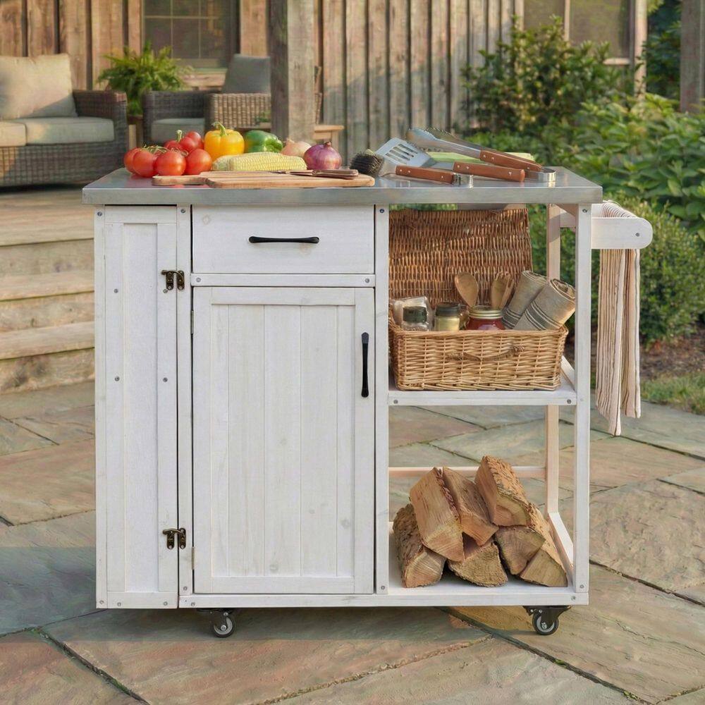Crestview Patio Solid Wood Storage Kitchen Island Outdoor Serving Bar Cart with Wheels, Towel and Spice Racks, White price history on PriceWatchPro