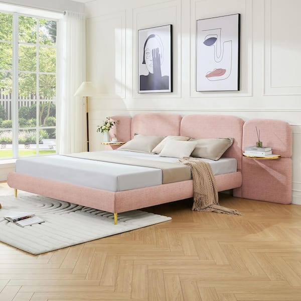 CHRISTOPHER KNIGHT HOME Luna Modern Pink Wood Frame King Size Upholstered Platform Bed with Block-Shaped Headborad, 2 Side Panel Nightstands