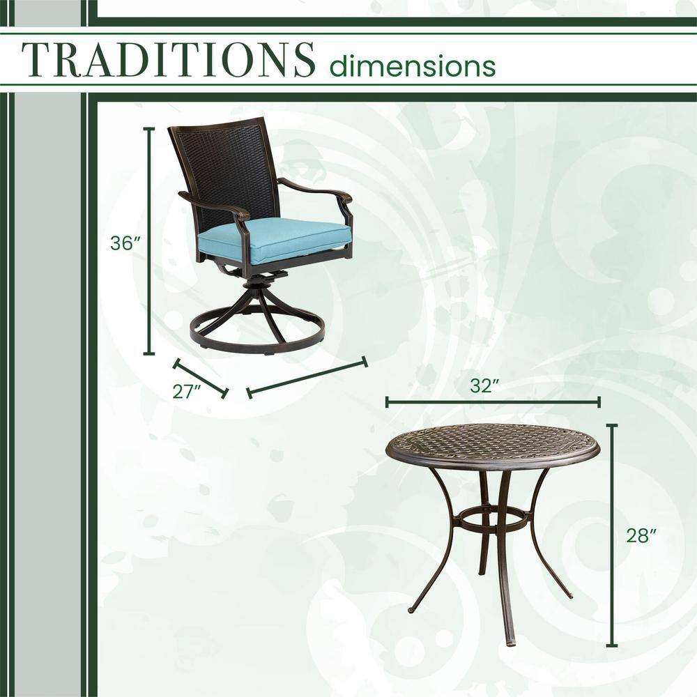 Bronze Finish 2-Person Outdoor Bistro Set with Cushioned Wicker Swivel Rockers