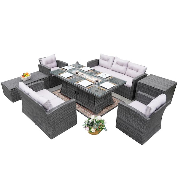 moda furnishings Agatha Gray 7-Piece Wicker Patio Fire Pit Conversation  Sofa Set with Gray Cushions 1106R-1503-GR - The Home Depot