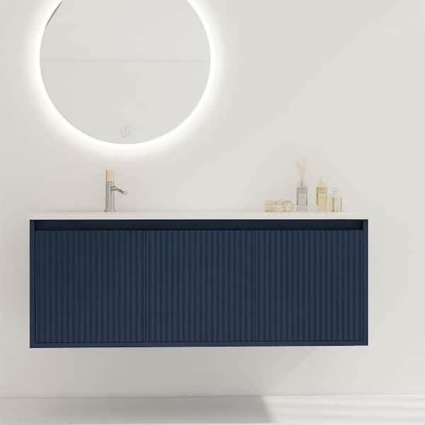 47.6 in. W x 18.2 in. D x 18.2 in. H Drop-Shaped Single Sink Floating Bathroom Vanity in Navy Blue with White Resin Top