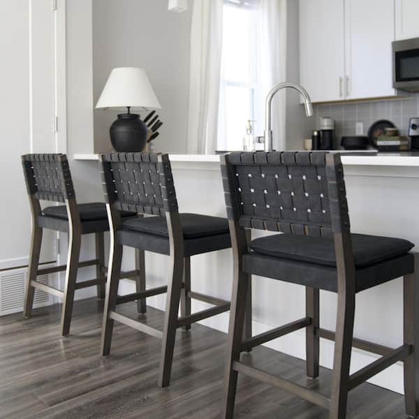 Cohen 24 in. Mid-Century Modern Wood Counter Height Bar Stool, with Woven Faux Leather Back for Kitchen, Black, Set of 4