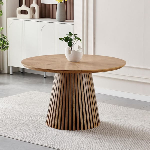 Modern Round Natural Wood MDF 47 in. Slatted-Leg Pedestal Base Dining Table for 4