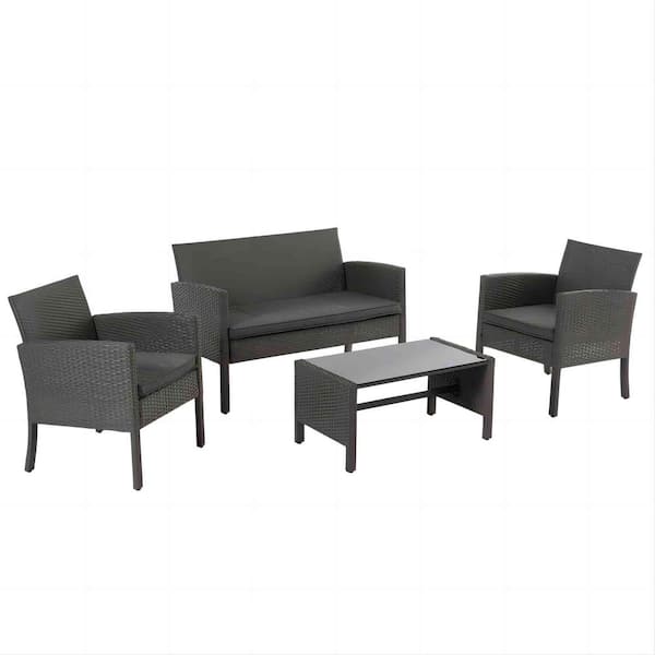 Angel Sar Gray 4-Piece Wicker Patio Conversation Set with Coffee Table and Gray Cushion for Backyard and Garden