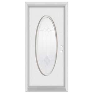 32 in. x 80 in. Geometric Left-Hand Full Oval Zinc Finished Fiberglass Oak Woodgrain Prehung Front Door