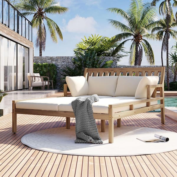Brown Wood Outdoor Chaise Lounge with Beige Cushions and Curved Armrests for Poolside, Backyard, Garden