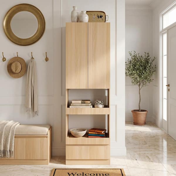 Yellow Wood Grain Solid Wood 92.5 in. H Accent Storage Cabinet Pantry Cabinet with Sliding Shelves, Drawer, Anti-Tipping