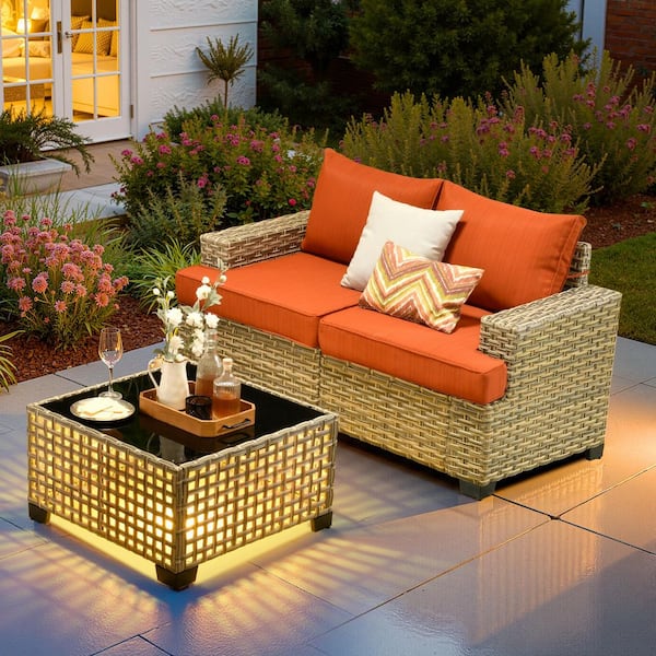 Solstice Wicker Outdoor  Patio Sofa with Orange Red Cushions and Coffee Table