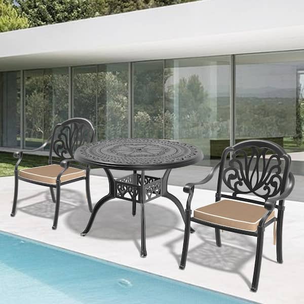 Willit Elizabeth Black 3-Piece Cast Aluminum Outdoor Dining Set with 39.37 in. Round Table and Brown Seat Cushions