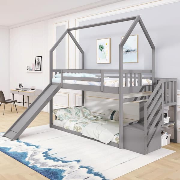 Qualler Gray Twin Over Twin House Bunk Bed With Convertible Slide and Storage Staircase