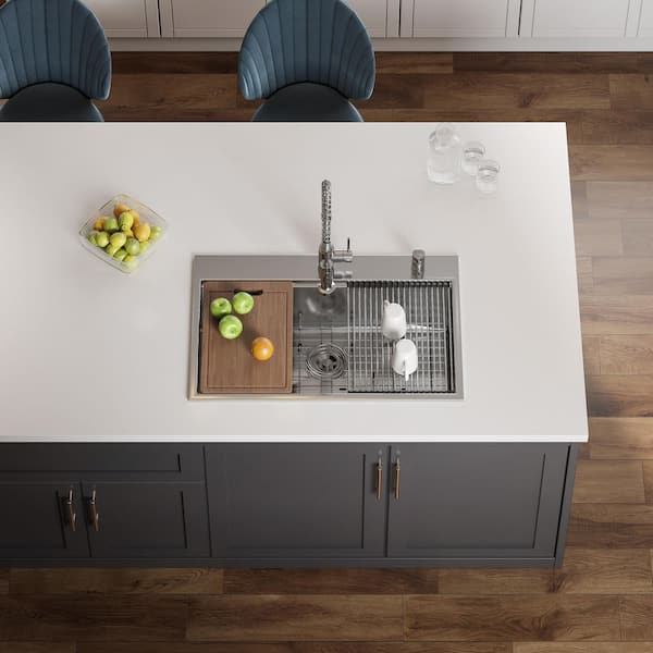 Drop-in Stainless Steel 33 in. Workstation Ledge Topmount Kitchen Sink 18-Gauge 2-Hole Single Bowl with Integrated Ledge