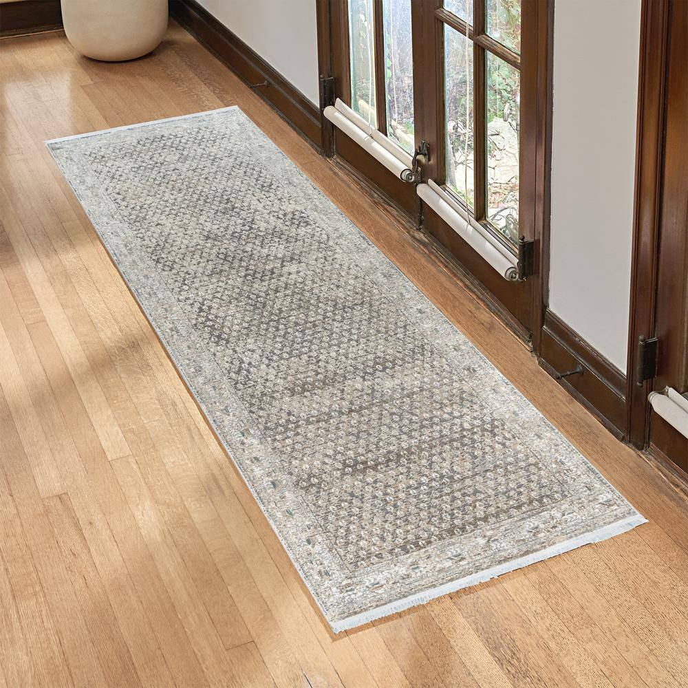 Gray and Taupe Viscose Acrylic Runner Rug with Fringe