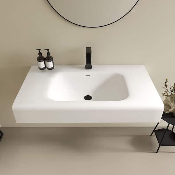 39 x 22 in. Solid Surface Wall Mount or Countertop Bathroom Vessel Sink with Faucet Holes in Matte White
