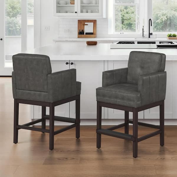 LUE BONA 27 in. Black Gray Faux Leather Upholstered Counter Height Bar Stool Armrests and Wood Frame Counter Stool Set of 2