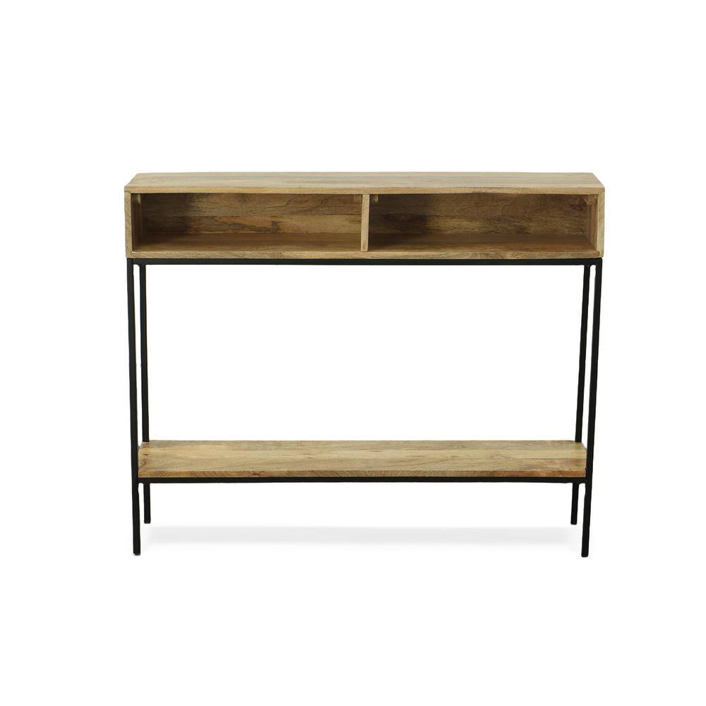 Natural Mango Wood and Black Metal Console Table with Storage